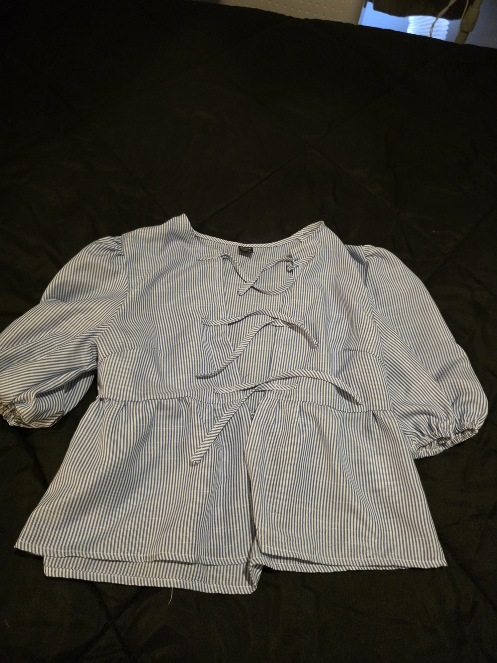 SHEIN Blue and White Striped Lace-Up Peplum Blouse